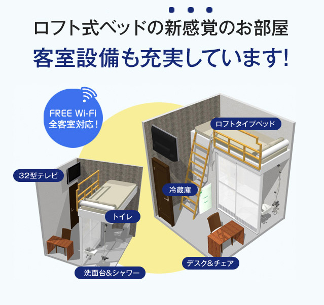 2015年9月に客室リニューアル★ロフト式ベッドの新感覚のお部屋 客室設備も充実しています！